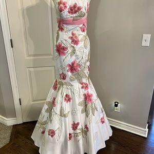 Pink White Gold Flower Sequin Mermaid Prom Dress